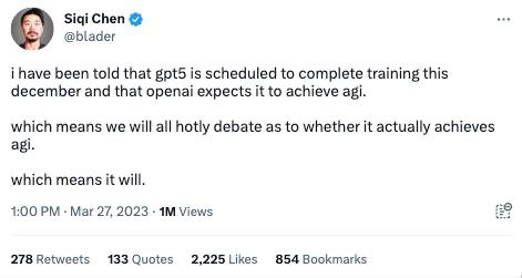 据报道，GPT-5将在今年12月完成训练，OpenAI预计其可以达到AGI（通用人工智能）水平