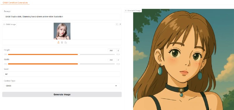 吉卜力风格开源生图模型出来了该模型仅在 100 个真实亚洲面孔与 GPT-4o 生成的吉卜力风格对应图像配对上进行训练，能够保留面部特征，同时应用标志性的动漫美学