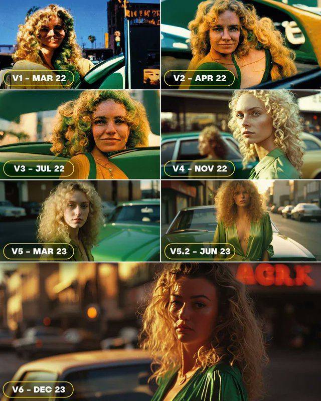 一张图带你看Midjourney v1到v6的进化从2022年3月v1的不忍直视，到最近刚刚发布的v6惊人的光影效果和真实度