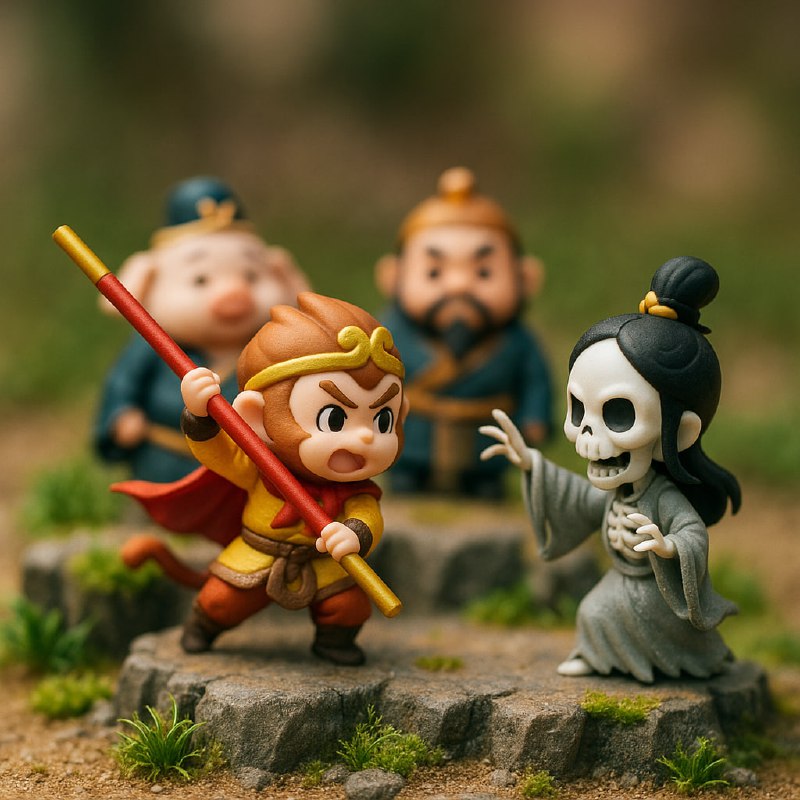 强大……prompt：微型立体场景呈现，运用移轴摄影的技法，呈现出Q版【孙悟空三打白骨精】场景强大……prompt：微型立体场景呈现，运用移轴摄影的技法，呈现出Q版【孙悟空三打白骨精】场景