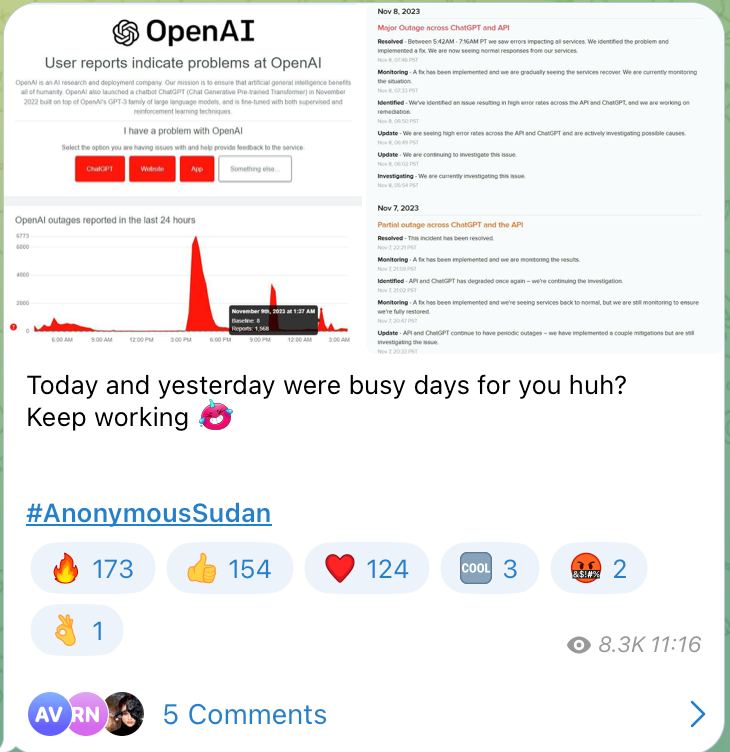 #OpenAI #黑客OpenAI近日多次Outage 黑客组织宣称对此事件负责从11月7日OpenAI召开首届开发者大会以来，该公司的ChatGPT服务已经连续两天出现重大Outage