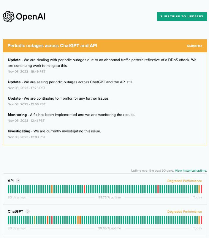 #OpenAI #黑客OpenAI近日多次Outage 黑客组织宣称对此事件负责从11月7日OpenAI召开首届开发者大会以来，该公司的ChatGPT服务已经连续两天出现重大Outage