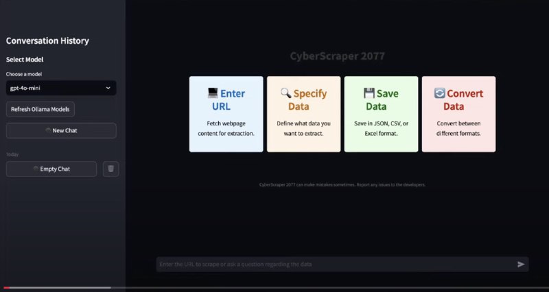 👉 名称：CyberScraper 2077🤖 类型：🎯项目👏 介绍：CyberScraper-2077 是一个由 OpenAI 和 Ollama 支持的强大的 AI 驱动网页爬虫工具，提供了多种特性和功能，如用户友好的 Streamlit 界面、多格式数据导出、隐身模式、异步操作、智能解析等，旨在高效、隐蔽地从网络中提取数据：via 老胡周刊资源分享频道 - Telegram Channel