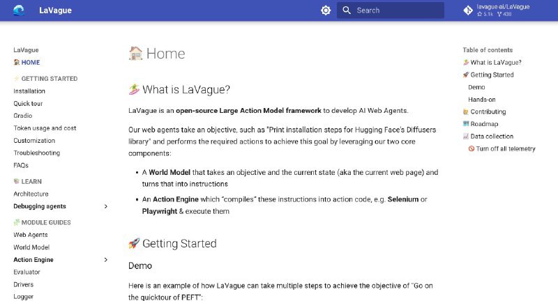 👉 名称：lavague🤖 类型：🎯项目👏 介绍：lavague 是 AI Web Agents 开发框架，它可以作为你的一个基于浏览器的助手来辅助工作，能做什么就取决于你的想象力，老胡目前用来做一些数据自动抓取格式化的工作：via 老胡周刊资源分享频道 - Telegram Channel