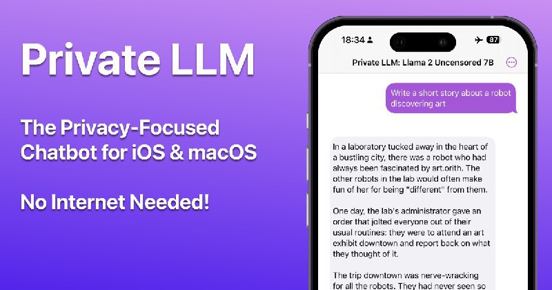 📢导航站收录更新通知！#APP精选 #探索发现站点名称: Private LLM: Secure, Local & Private AI Chatbot for iOS & macOS描述: Unlock the full potential of AI with Private LLM on your Apple devices. Enjoy local LLM capabilities, complete privacy, and creative ideation—all offline and on-device. Perfect for brainstorming, learning, and boosting productivity without subscription fees or privacy worries.链接: 