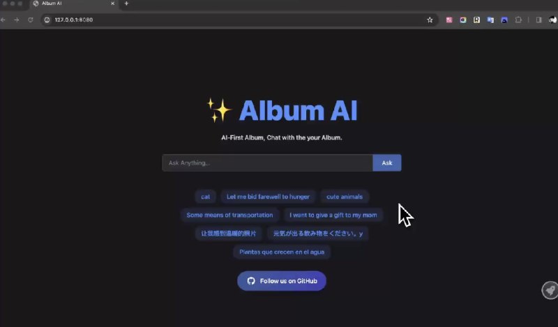 👉 名称：album-ai🤖 类型：🎯项目👏 介绍：挺有想法的项目，基于 gpt-4o-mini 作为视觉模型，自动识别出相册中图像文件的元信息，然后借助 RAG 技术，实现了与相册对话的能力：via 老胡周刊资源分享频道 - Telegram Channel
