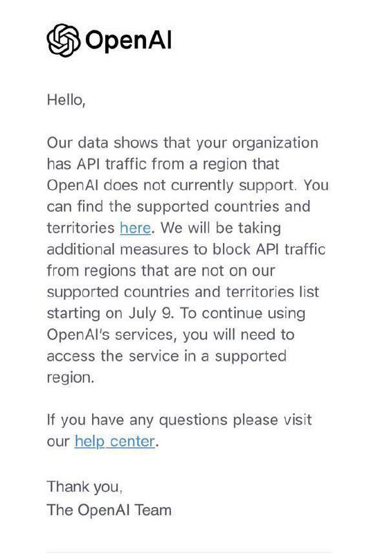 OpenAI将终止对部分地区提供API服务