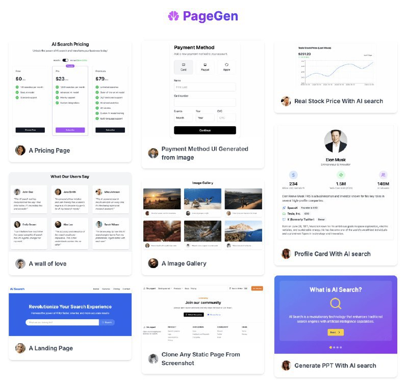 📢导航站收录更新通知！#AI·代码 #AI新时代站点名称: PageGen-AI 页面生成器描述: 使用 Claude AI 一键从文本、屏幕截图、图像、文件和模板生成网页链接: 