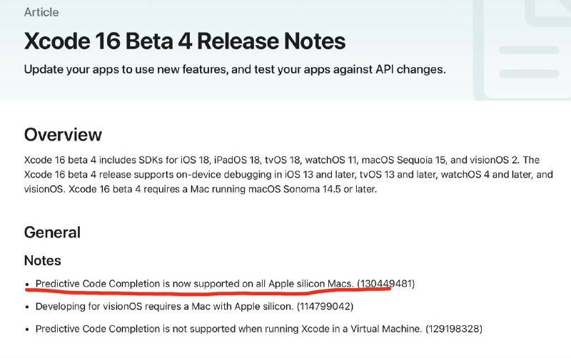 ↩️🖼 Xcode AI 代码补全功能现可以在 8G 内存 Mac 上运行 Developer.apple ☘️ 关注频道 @ZaiHuaPd 📮 投稿爆料 @ZaiHuabot软件新闻频道📮投稿爆料:苹果开发工具Xcode代码提示功能限制国行机型 Xcode 限制 LLM 的主要代码在IDELanguageModelKit 框架里，它会调用 os_eligibility 获取可用性，规则为Model regions: Any except China SKU 