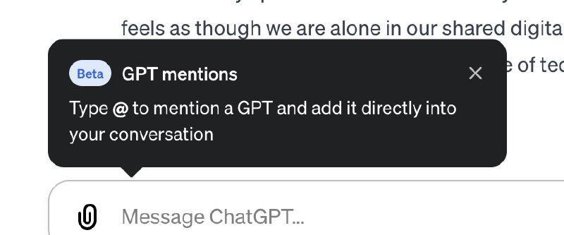 🤯 重磅更新：GPTs 突然开启群聊模式了！打开ChatGPT ，在输入框 @ ，你就能看到如图所示的GPT Mention功能