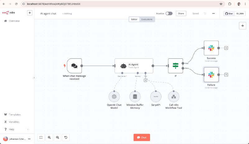 🖼 👉 名称：n8n👉 名称：n8n🤖 类型：🎯项目👏 介绍：n8n 是一款带有 AI 能力的工作流程自动化工具，提供了多步骤 AI 代理集成和超过 500 个集成工具的能力，开发者可以自定义想要使用的功能和应用程序：via 老胡周刊资源分享频道 - Telegram Channel