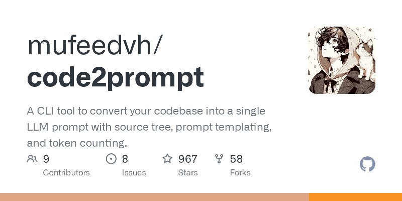 mufeedvh / code2promptA CLI tool to convert your codebase into a single LLM prompt with source tree, prompt templating, and token counting Repo URL | 👀9 🍴58 ⭐1015#D20240710 #D20240710_Rust #RustGitHubGitHub - mufeedvh/code2prompt: A CLI tool to convert your codebase into a single LLM prompt with source tree, prompt templating…A CLI tool to convert your codebase into a single LLM prompt with source tree, prompt templating, and token counting. - mufeedvh/code2promptvia Github Trending - Telegram Channel