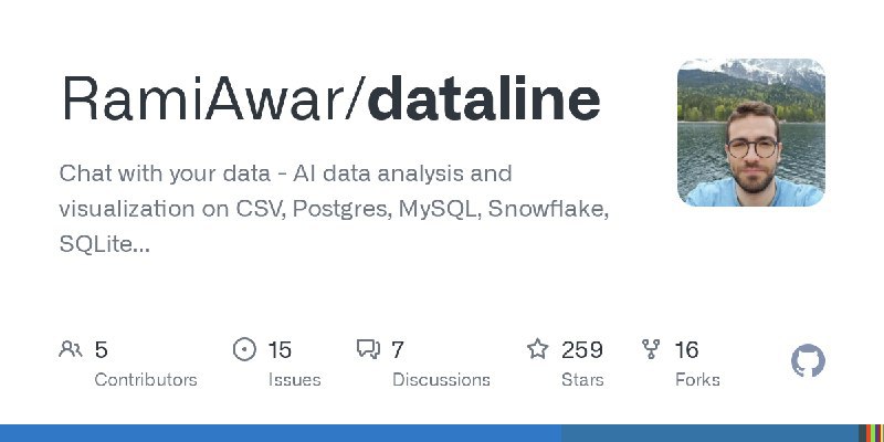 RamiAwar / datalineChat with your data - AI data analysis and visualization on CSV, Postgres, MySQL, Snowflake, SQLite   Repo URL | 👀5 🍴18 ⭐298#D20240711 #D20240711_Typescript #TypescriptGitHubGitHub - RamiAwar/dataline: Chat with your data - AI data analysis and visualization on CSV, Postgres, MySQL, Snowflake, SQLite...Chat with your data - AI data analysis and visualization on CSV, Postgres, MySQL, Snowflake, SQLite... - RamiAwar/datalinevia Github Trending - Telegram Channel