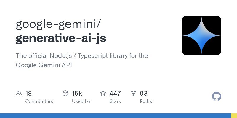 google-gemini / generative-ai-jsThe official Node js / Typescript library for the Google Gemini APIRepo URL | 👀21 🍴93 ⭐452#D20240625 #D20240625_Typescript #TypescriptGitHubGitHub - google-gemini/generative-ai-js: The official Node.js / Typescript library for the Google Gemini APIThe official Node.js / Typescript library for the Google Gemini API - google-gemini/generative-ai-jsvia Github Trending - Telegram Channel