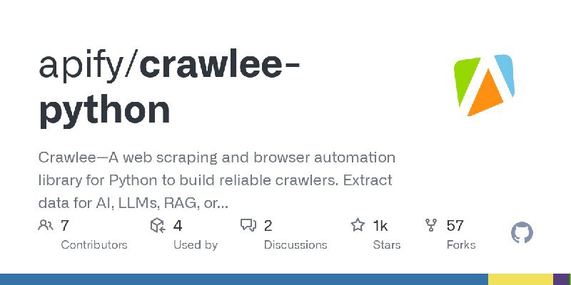 apify / crawlee-pythonCrawlee—A web scraping and browser automation library for Python to build reliable crawlers  Extract data for AI, LLMs, RAG, or GPTs  Download HTML, PDF, JPG, PNG, and other files from websites  Works with BeautifulSoup, Playwright, and raw HTTP  Both headful and headless mode  With proxy rotation Repo URL | 👀16 🍴57 ⭐1144#D20240713 #D20240713_All #AllGitHubGitHub - apify/crawlee-python: Crawlee—A web scraping and browser automation library for Python to build reliable crawlers. Extract…Crawlee—A web scraping and browser automation library for Python to build reliable crawlers. Extract data for AI, LLMs, RAG, or GPTs. Download HTML, PDF, JPG, PNG, and other files from websites. Wo...via Github Trending - Telegram Channel