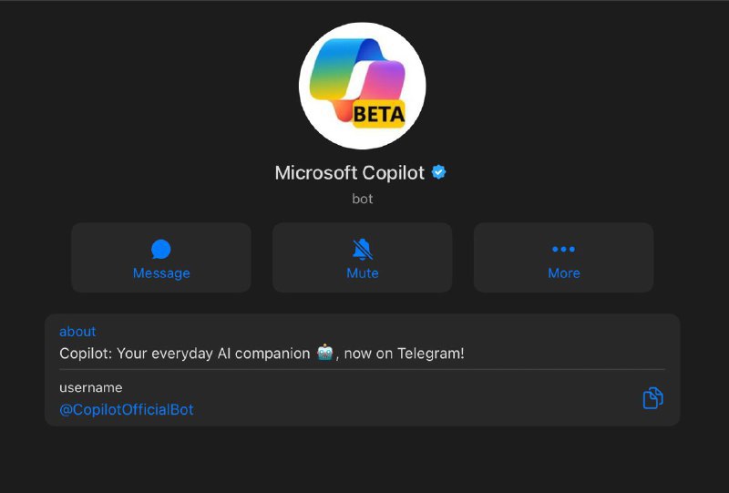 Telegram 已授予微软的 Copilot bot @CopilotOfficialBot 官方认证✅🗒 标签: #微软 #copilot #Telegram📢 频道: @GodlyNews1🤖 投稿: @GodlyNewsBotvia Yummy 😋 - Telegram Channel