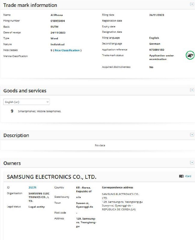 Samsung 将 “AI Phone” 申请为商标！据最新报导，三星近期正进行一系列的商标申请活动，不仅包括几个月后即将推出的产品，还涵盖了尚需两年才会问世的产品，如“Galaxy S25”及“Galaxy Z Fold 7”