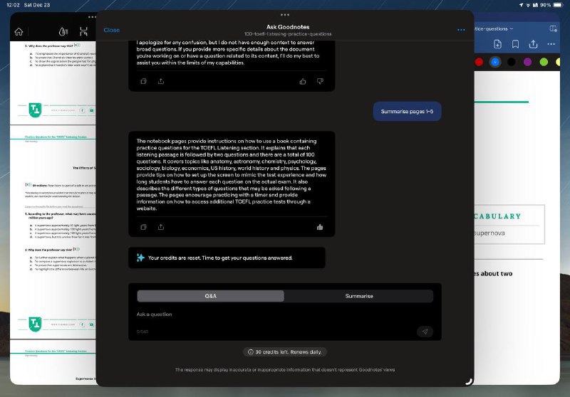 GoodNotes 6 现已加入 AI 助理功能在最近的更新中，GoodNotes 6 加入了 AI 助理的功能，用户可以通过工具栏上的 AI 对话按钮与 AI 助理对话，询问关于当前文档的一些细节，并可以总结当前文档