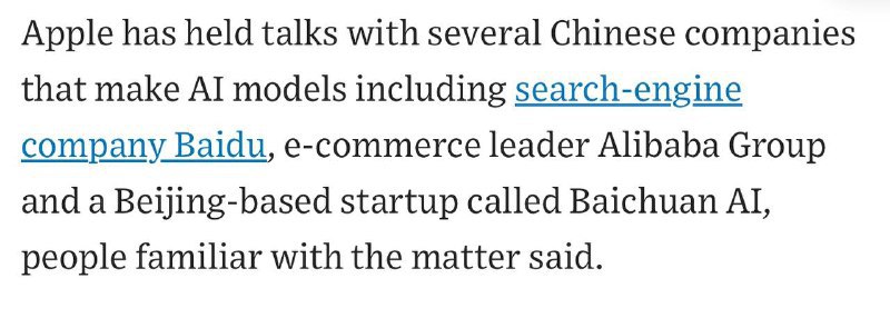 ↩️🖼 WSJ: 苹果公司正在中国为Apple Intelligence寻求本土AI合作伙伴 苹果已与百度、阿里巴巴集团和初创公司百川智能进行了谈判，但尚未达成任何协议