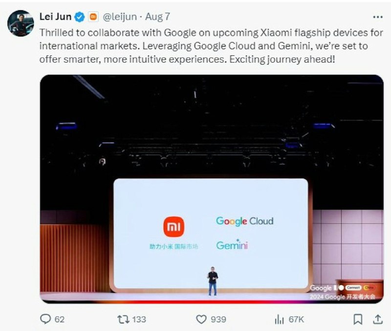 小米创办人雷军在社交平台上透露，小米旗舰设备的国际版将会与GoogleAI大模型Google Gemini合作