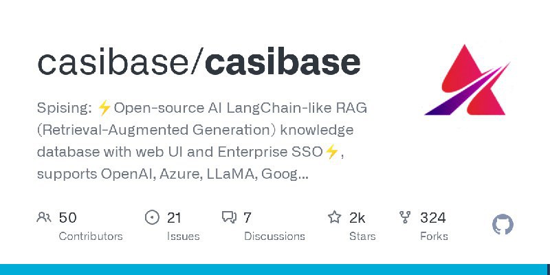 casibase / casibaseSpising: ⚡️Open-source AI LangChain-like RAG (Retrieval-Augmented Generation) knowledge database with web UI and Enterprise SSO⚡️, supports OpenAI, Azure, LLaMA, Google Gemini, HuggingFace, Claude, Grok, etc , chat bot demo: 