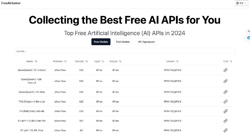 👉 名称：免费 LLM API 调用限制汇总🤖 类型：🕸网站👏 介绍：一个可以免费使用的大模型 API 合集网站：via 老胡周刊资源分享频道 - Telegram Channel