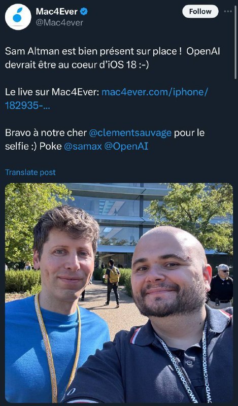 ↩️🖼 Sam Altman被拍到出席WWDC 24 OpenAI 应该是iOS 18的核心 🗒 标签: #Apple #WWDC 📢 频道: @GodlyNews1 🤖 投稿: @GodlyNewsBotYummy 😋:老传统，各位开发者不远万里飞往现场看Apple录好的视频 🗒 标签: #Apple #WWDC 📢 频道: @GodlyNews1 🤖 投稿: @GodlyNewsBotSam Altman被拍到出席WWDC 24OpenAI 应该是iOS 18的核心🗒 标签: #Apple #WWDC📢 频道: @GodlyNews1🤖 投稿: @GodlyNewsBotvia Yummy 😋 - Telegram Channel