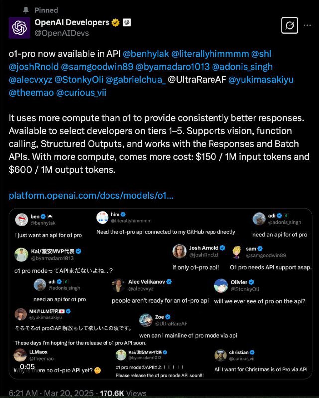 OpenAI 推出 o1-pro 开发者 API，每 100 万 tokens输入价格为 150 美元；每 100 万 tokens 输出价格为 600 美元