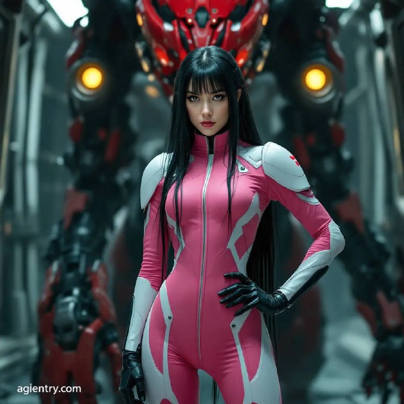 Prompt ✏️: Photo of a woman with long black hair, wearing a pink and white futuristic jumpsuit with a high collar and black gloves, standing in a sci-fi setting with a large, red and black robotic creature behind her, glowing yellow eyes, mechanical details, futuristic environment with metal structures and pipes, dim lighting, serious expression, hand on hip, medium shot, watermark in the bottom left corner, 