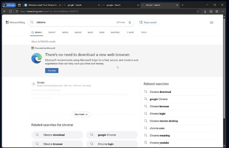 必应搜索暗藏玄机：隐藏Chrome下载链接，力推Edge浏览器近日，有用户发现微软在Windows 11的必应搜索引擎上采取新的推广策略