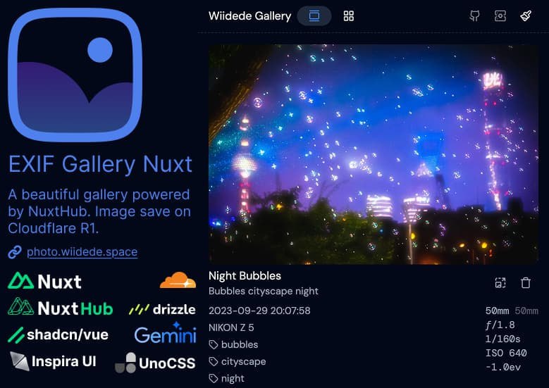 🆔 项目名称：EXIF Gallery Nuxt⭐️ 项目功能：照片相册解决方案📁 项目简介：一个完整的照片相册解决方案，集成了人工智能智能处理、浏览器图像压缩等多种功能