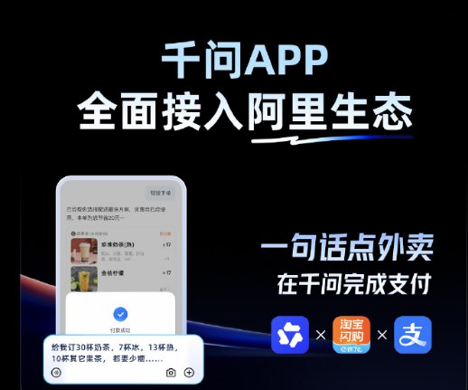 千问全面接入阿里生态:点外卖、买机票一句话搞定，开启“AI 办事”时代今日，阿里旗下千问 App 宣布全面接入淘宝、支付宝、高德、飞猪及淘宝闪购等阿里核心生态业务，在全球范围内率先实现点外卖、购物、订机票等 AI 办事功能