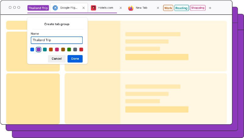 Mozilla Firefox 浏览器新增标签组功能通过 Firefox 标签组功能，用户可以将标签拖放到有序的组中，并按名称或颜色进行标记，标签组列表显示在 Firefox 浏览器顶部菜单的右侧