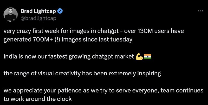 自上周以来 ChatGPT 用户已生成了超过7亿张图片Lightcap周四在 X 上的一篇帖子中写道： “我们尽力为所有人提供服务，感谢您的耐心等待