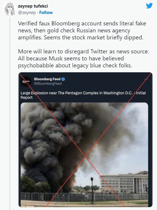 五角大楼“爆炸”AI 生成图片在 Twitter 上引发混乱Twitter 蓝标用户 Bloomberg Feed 周一发布了一幅 AI 生成照片，声称五角大楼发生爆炸