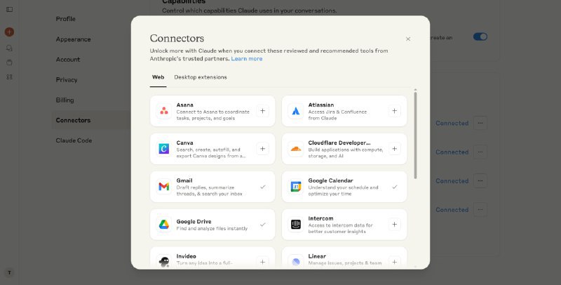 Anthropic Claude添加更多第三方工具接入支持Claude Web添加了更多内置的第三方工具连接器, 除了Google三件套和Github工具, 现在添加了如Notion, Cloudflare Developer Platform等工具支持Claude Desktop中添加了更多的内置工具, 如用于操作Windows的MCP工具🍀频道🍵茶馆📮投稿via 科技圈🎗在花频道📮 - Telegram ChannelAnthropic Claude添加更多第三方工具接入支持Claude Web添加了更多内置的第三方工具连接器, 除了Google三件套和Github工具, 现在添加了如Notion, Cloudflare Developer Platform等工具支持Claude Desktop中添加了更多的内置工具, 如用于操作Windows的MCP工具🍀频道🍵茶馆📮投稿via 科技圈🎗在花频道📮 - Telegram Channel