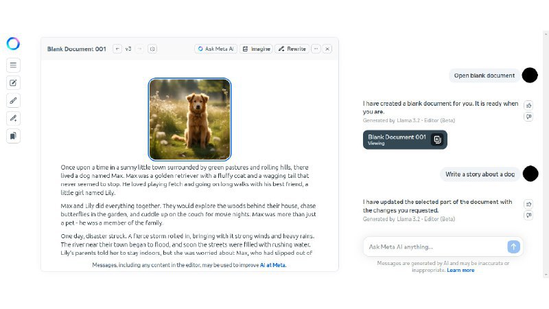✍️Meta AI推出AI辅助文档编辑工具，支持文本和图像生成Meta AI推出了一款新的Web客户端工具，允许用户使用AI辅助编写文档