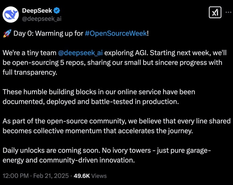 DeepSeek将于下周开源5个代码库 每日解锁新内容DeepSeek公司将自己定义为小公司，并表示，每一次分享都会成为加速旅程的集体动力，DeepSeek还表示，这个领域没有高高在上的象牙塔，只有纯粹的车库创业精神与社区驱动的创新力量