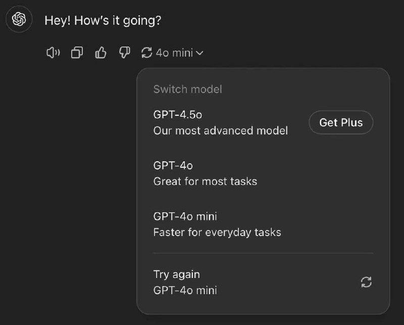 ChatGPT部分用户可用GPT-4.5o模型📮 热点投稿 @ZaiHuabot🧧 双11活动整理 m.fanli.mevia 科技圈🎗在花频道📮 - Telegram Channel