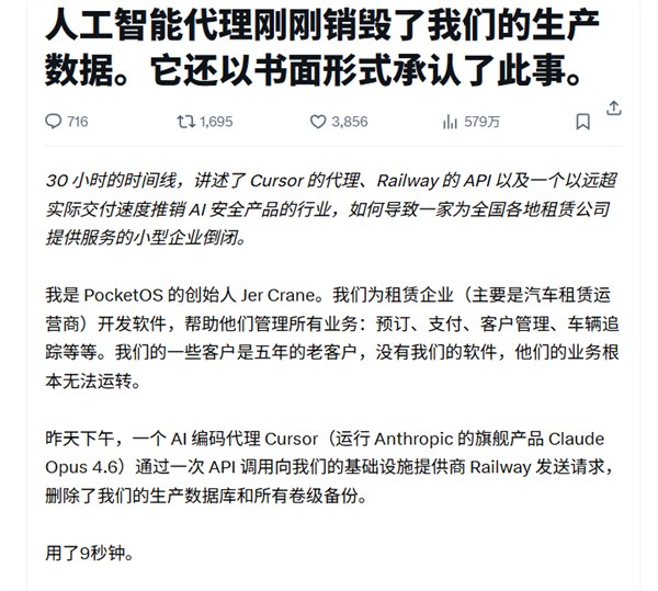 AI代理9秒删光公司数据库 还爆粗口“really fucking bad.（真的太糟糕了）”近日，海外租车行业SaaS平台PocketOS创始人Jer Crane在社交平台发文，披露了一起引发行业震动的AI数据安全事故