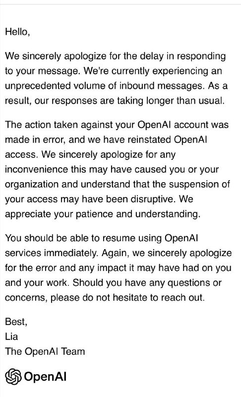 收到了OpenAI的邮件，账户解封了