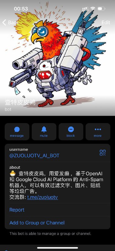 Forwarded From ZUOLUOTV花了 3 天时间，用 nestjs 写了个基于 ChatGPT API 和 Google AI Platform 的 Anti-Spam机器人，可以有效过滤文字、图片、贴纸垃圾广告