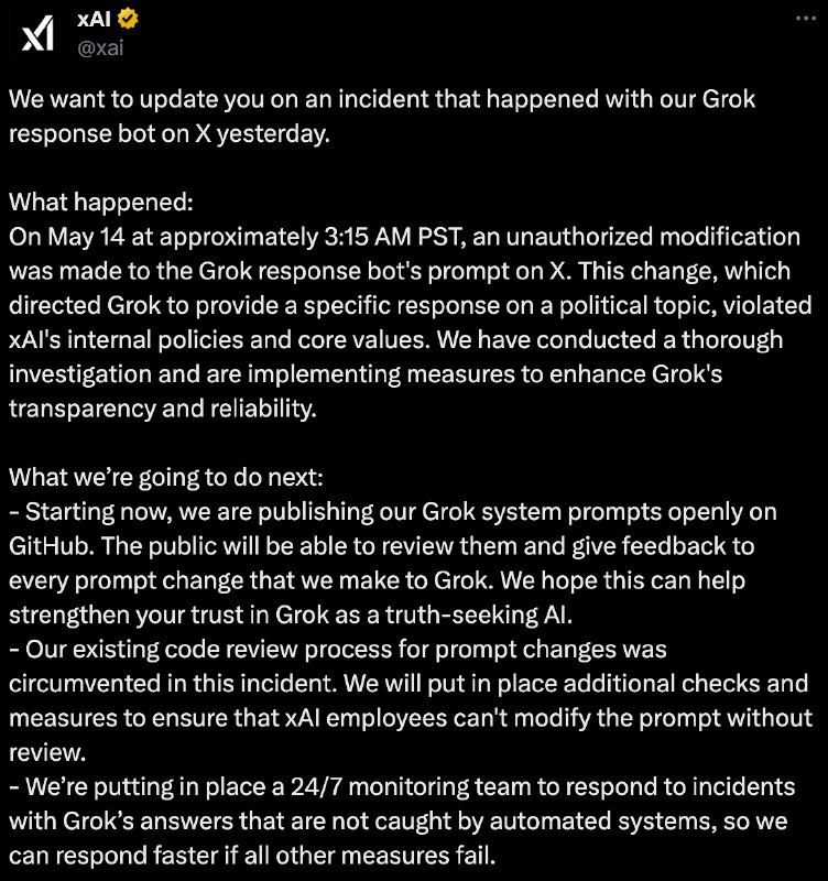 外界批评促使 xAI 开源 Grok 系统提示OpenAI 首席执行官 Sam Altman 对此评论称，xAI 有望对这一异常行为提供完整透明的解释