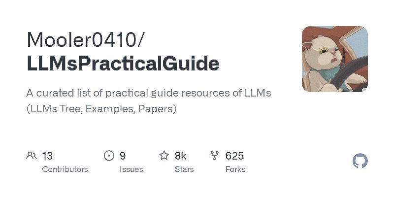 Mooler0410 / LLMsPracticalGuideA curated list of practical guide resources of LLMs (LLMs Tree, Examples, Papers)Repo URL | 👀177 🍴629 ⭐8391#D20240409 #D20240409_Unknown #UnknownGitHubGitHub - Mooler0410/LLMsPracticalGuide: A curated list of practical guide resources of LLMs (LLMs Tree, Examples, Papers)A curated list of practical guide resources of LLMs (LLMs Tree, Examples, Papers) - Mooler0410/LLMsPracticalGuidevia Github Trending - Telegram Channel