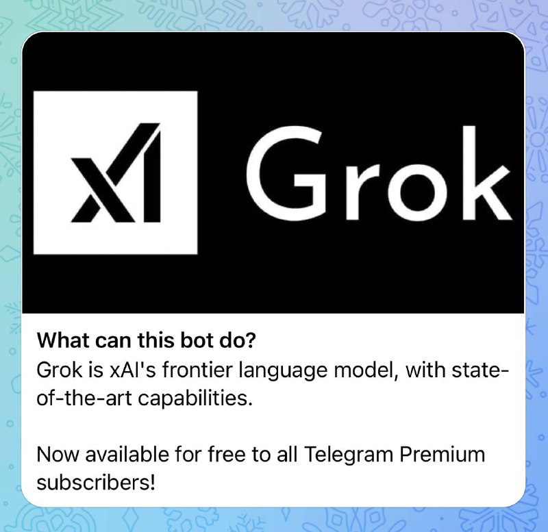 杜罗夫确认 @GrokAI 已登陆Telegram，Telegram Premium用户可免费使用Grok AI是马斯克旗下xAI的产品🗒 标签: #Telegram #Grok📢 频道: @GodlyNews1🤖 投稿: @GodlyNewsBotvia Yummy 😋 - Telegram Channel杜罗夫确认 @GrokAI 已登陆Telegram，Telegram Premium用户可免费使用Grok AI是马斯克旗下xAI的产品🗒 标签: #Telegram #Grok📢 频道: @GodlyNews1🤖 投稿: @GodlyNewsBotvia Yummy 😋 - Telegram Channel