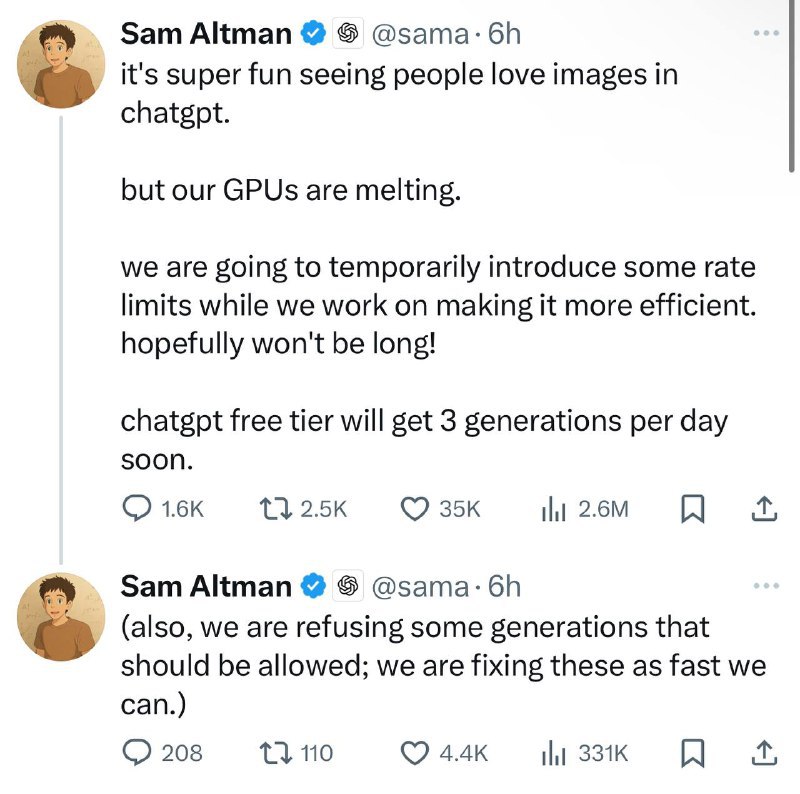 Altman：ChatGPT的文生图应用需求过高，造成GPU超负荷并宕机暂时针对ChatGPT图像增添限制免费用户每天能获得3次生成机会🗒 标签: #OpenAI #ChatGPT📢 频道: @GodlyNews1🤖 投稿: @GodlyNewsBotvia Yummy 😋 - Telegram Channel