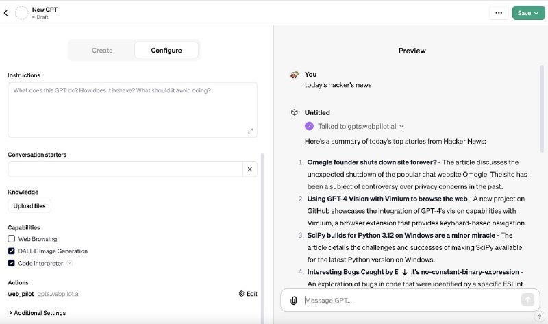 30秒，让你的GPTs用上 WebPilot:- 第一步: 在Config Tab中, 取消勾选 