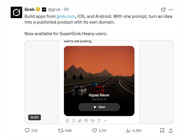 零代码生成完整应用!Grok 上线 Build 模式，面向300美元 SuperGrok Heavy 用户开放埃隆·马斯克旗下的 SpaceXAI 今日（7月29日）发布公告，宣布为其 AI 助手 Grok 应用正式引入全新的 Build 模式