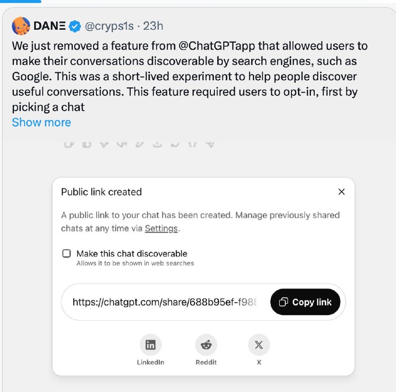 ChatGPT与Grok里的人机对话被发现可以通过Wayback Machine访问人工智能公司允许个人通过Google搜索访问聊天，侵犯了用户隐私，而且解决这个问题的尝试似乎失败了