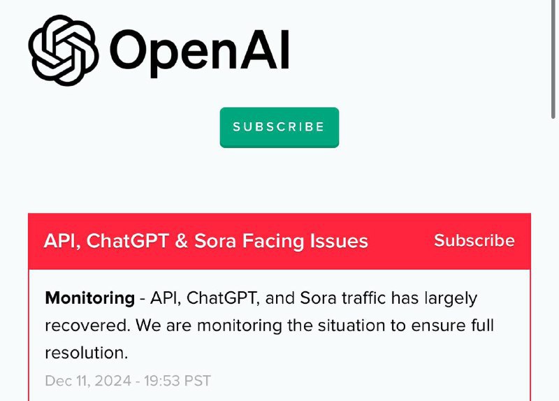 ↩️🖼 OpenAI表示服务已基本恢复，正在持续监测情况，以确保彻底解决问题